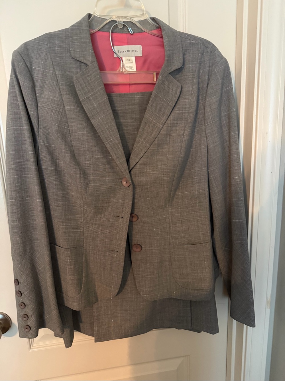 Susan Bristol Gray Plaid Skirt Suit with Pink Lining